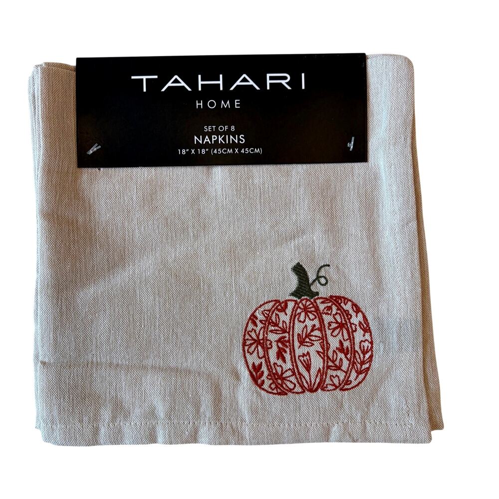 8pc Tahari Home Embroidered Pumpkin Napkins 100% Cotton 18x18 Fall Decor NEW
